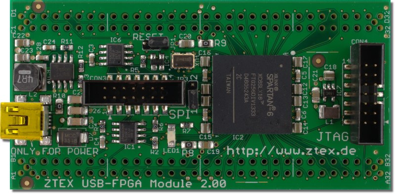Top side of the ZTEX FPGA Board with Spartan 6 XC6SLX16 FPGA