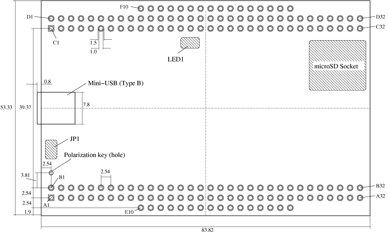 Technical drawing of the Spartan 6 USB-FPGA-Module 1.11