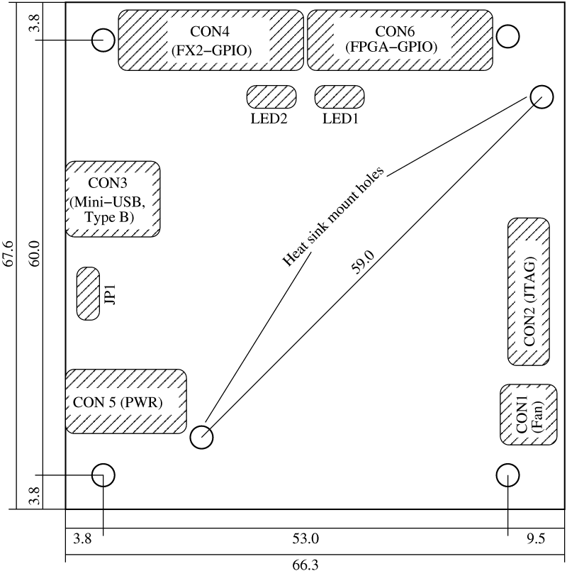 Technical drawing of the Spartan 6 LX150 USB-FPGA Board 1.15x for FPGA clusters and cryptographic calculations