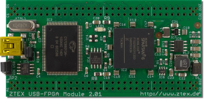 Top side of the ZTEX FPGA Board with Spartan 6 XC6SLX16 FPGA and USB 2.0