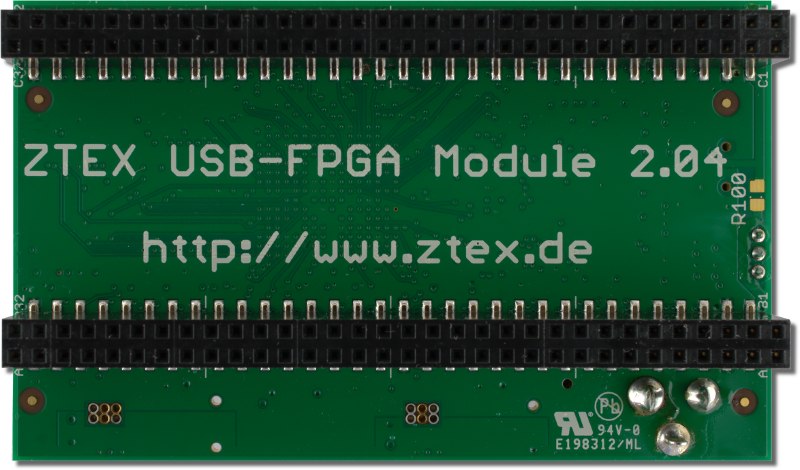Bottom side of the ZTEX FPGA Board with Spartan 6 XC6SLX16 FPGA, DDR SDRAM and USB 2.0