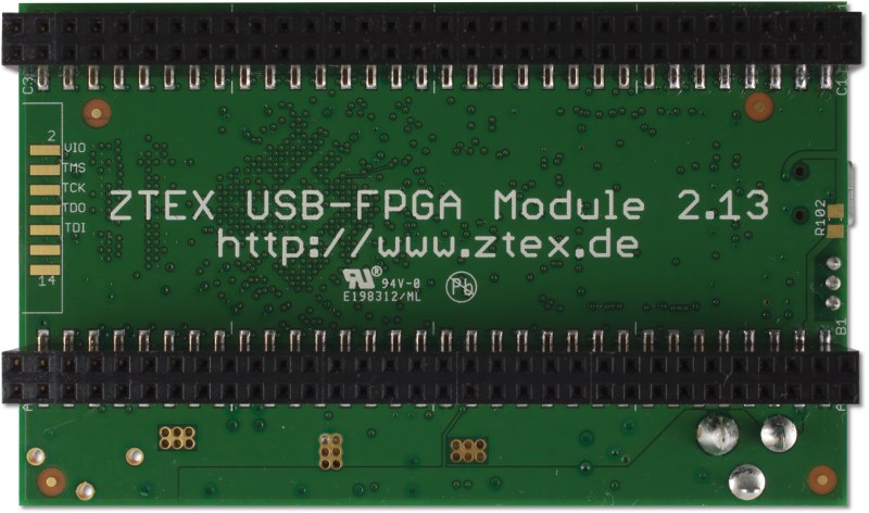 Bottom side of the ZTEX FPGA Board with Artix 7 XC7A35T to XC7A100T, DDR3 SDRAM and USB 2.0
