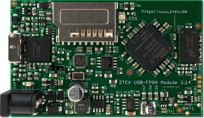 Top side of the ZTEX USB-FPGA Module 2.13d with Artix 7 XC7A15T FPGA, 256 MB DDR3 SDRAM and USB 3.0 using a EZ-USB FX3