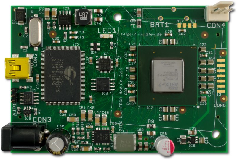 Top side of the ZTEX FPGA Board with Artix 7 XC7A200T and USB 2.0