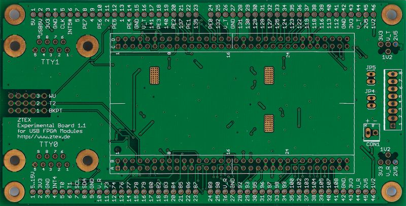Entwicklungs-Board / Experimentier-Board 1.1 für USB-FPGA-Module (Oberseite)