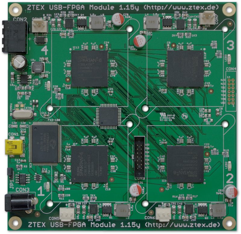 FPGA-Cluster-USB-FPGA-Modul 1.15y, Rev. 1 mit vier XC6SLX150 für kryptografische Berechnungen