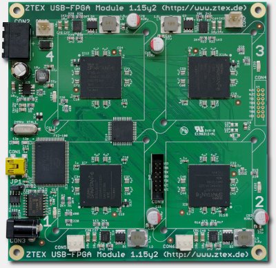 FPGA cluster USB-FPGA Board 1.15y with Quad-FPGA Spartan 6 XC6SLX150 for cryptographic computations