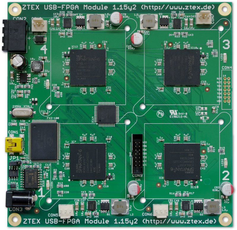 FPGA-Cluster-USB-FPGA-Modul 1.15y, Rev. 2 mit vier XC6SLX150 für kryptografische Berechnungen