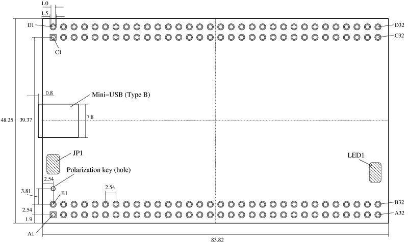 Technische Zeichnung des USB-FPGA-Moduls 1.2