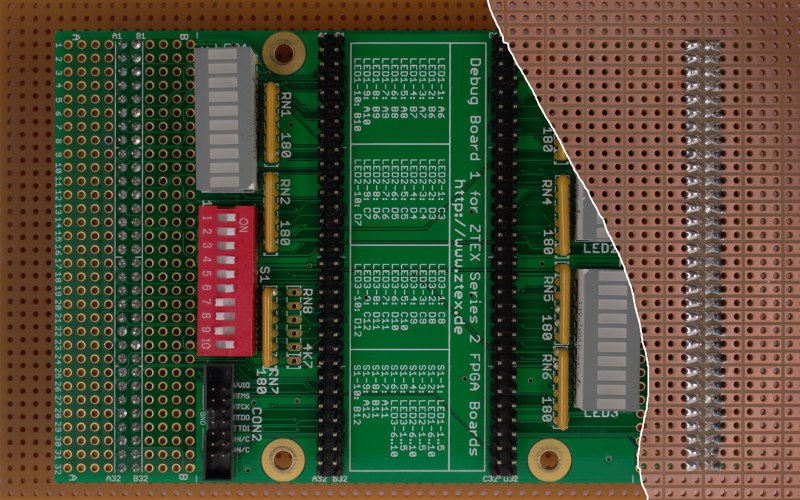 Debug-Board for ZTEX FPGA-Boards der Serie 2 auf Dreierketten-Streifenrasterplatine
